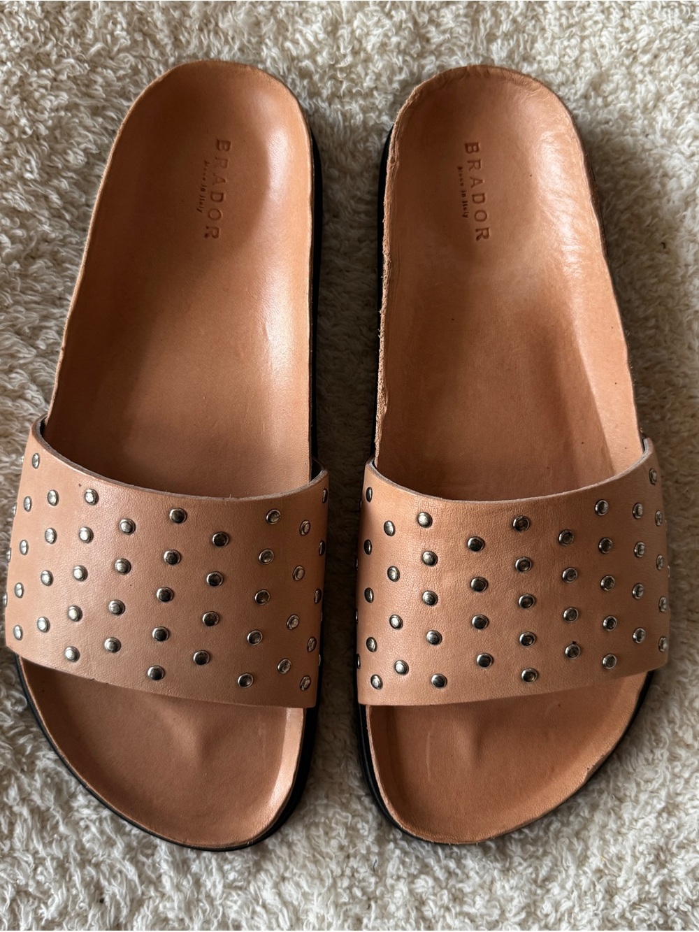 Brador Tan Leather Studded Slide Sandals Size 38 Made in Italy